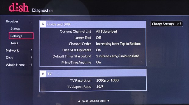Diagnostics > Receiver > Settings